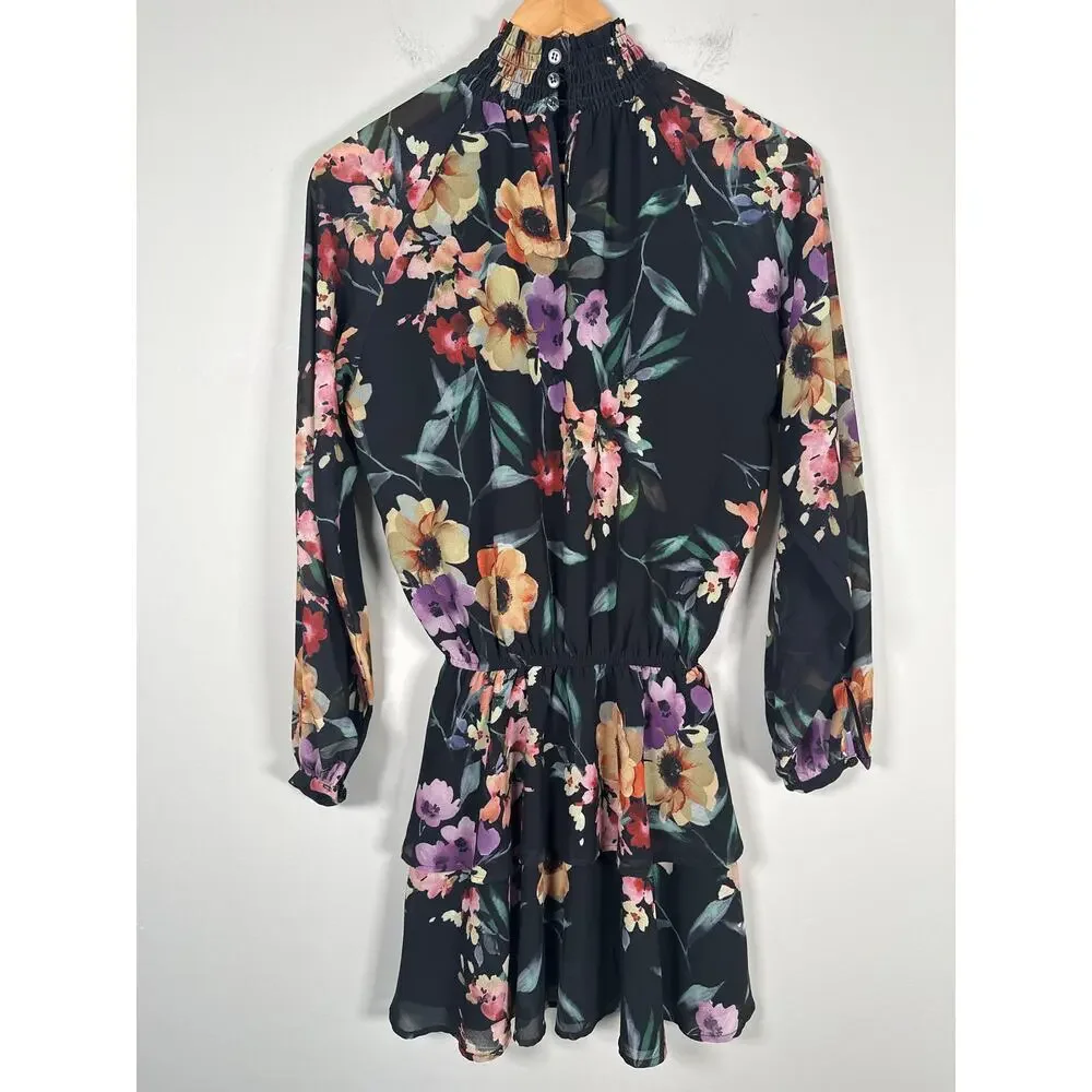 YUMI KIM Black Floral Class Act Lake Side Long Sleeve Tiered Mini Dress Size S
